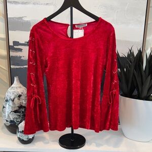 Sioni Crimson NWT Velvet Blouse with Lace-Up Detail